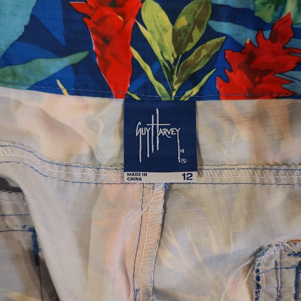 Guy Harvey Board Shorts Tropical Parrot Blue Red Floral Beach 4" Size 12 - Picture 2 of 6